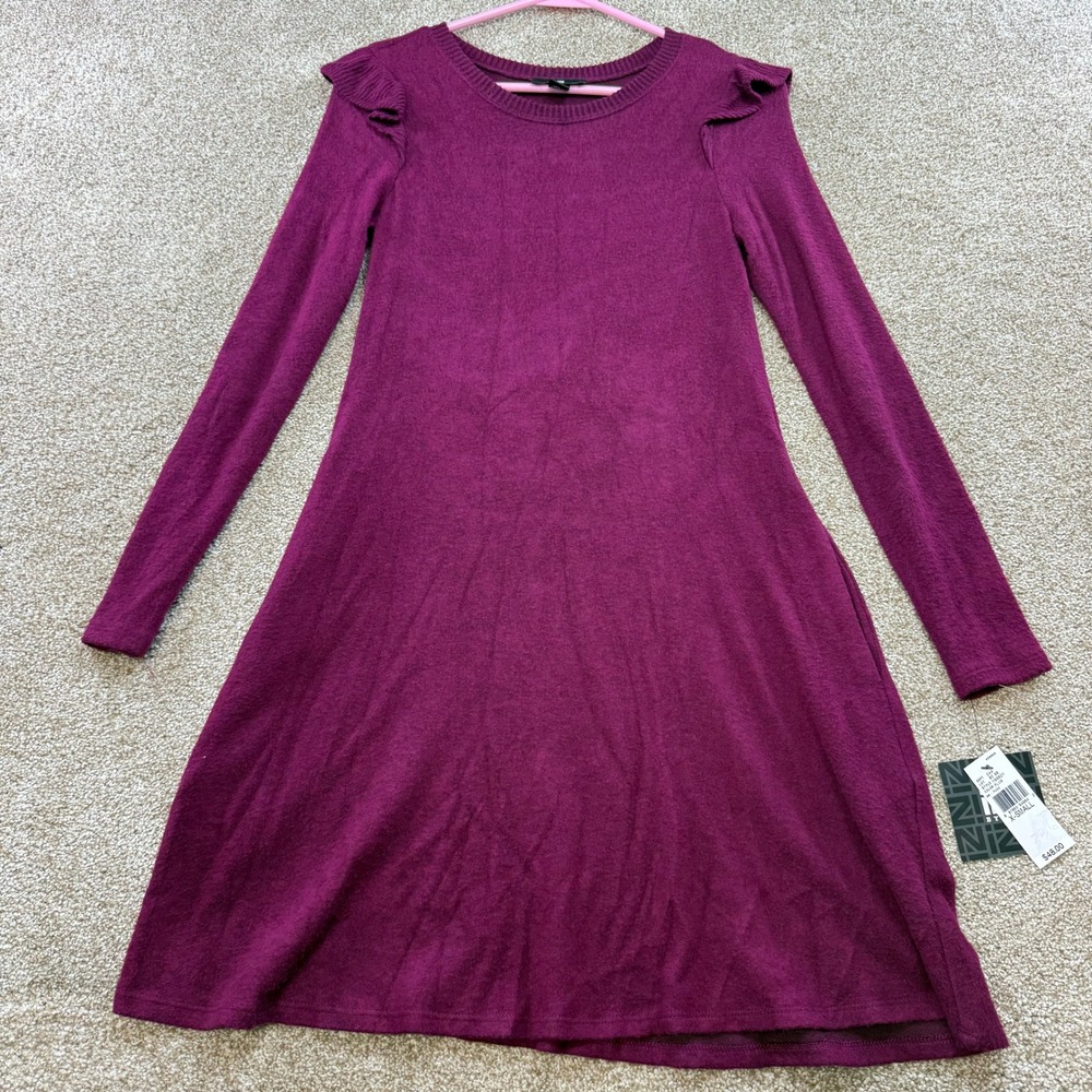 IZ Byer Women Plum Ruffle Shoulder Long Sleeve Sweater Dress XS NEW Knit Fall